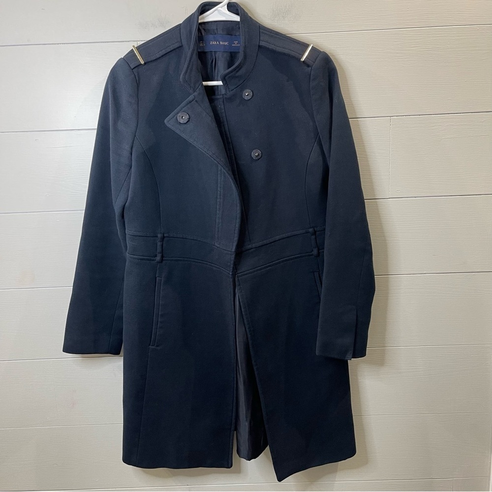 Zara Basic | Women’s Long Lined Navy Coat Size Small